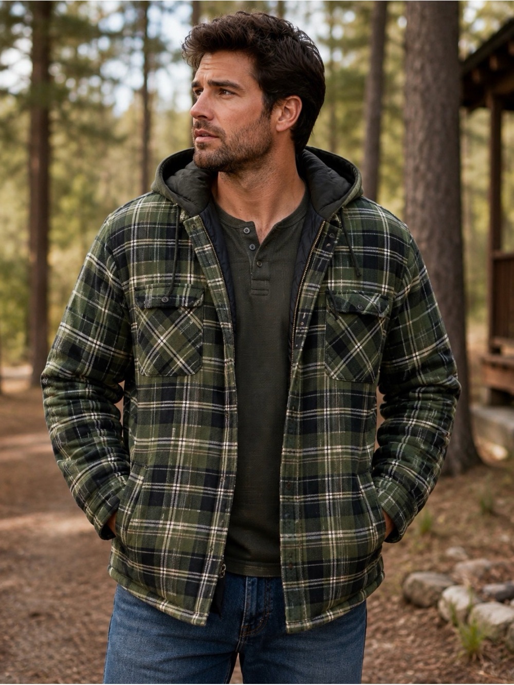 RedHead Men’s Green Plaid Hooded Quilted Flannel Jacket Shacket Size M